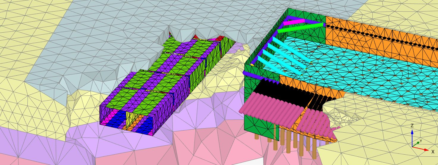 Finite element model of excavation next to existing structures