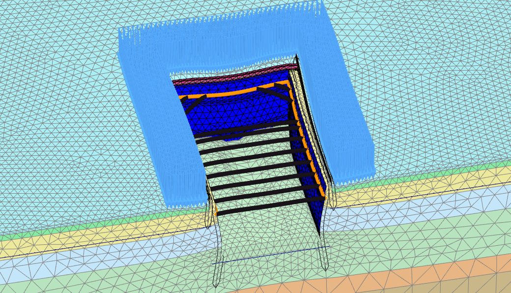 3D model of a propped excavation, section