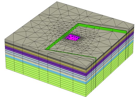 Piled raft in layered soil, cross-section